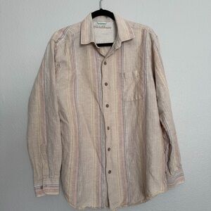 Caribbean Stripe Shirt Long Sleeve Roll Up Tab Linen Cotton Size L